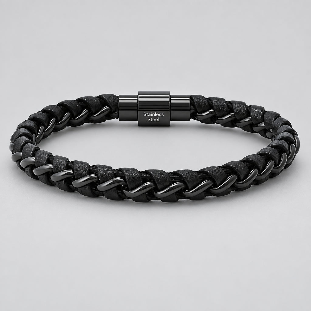 Men's Black Steel Magnetic Bracelet. Braided Leather Chain Link Biker Jewelry-1