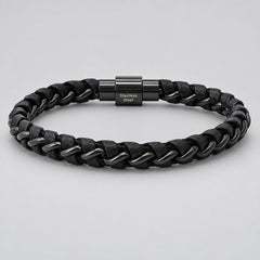Men's Black Steel Magnetic Bracelet. Braided Leather Chain Link Biker Jewelry-1