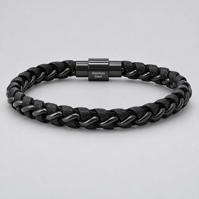 Men's Black Steel Magnetic Bracelet. Braided Leather Chain Link Biker Jewelry-1
