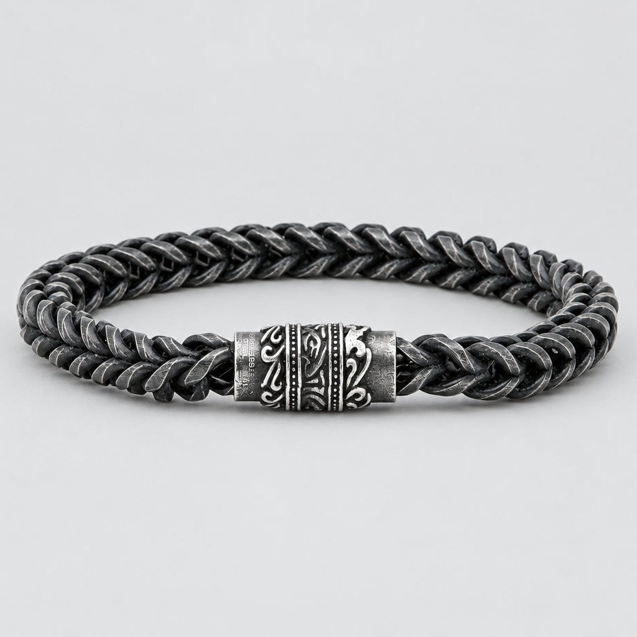 Men's Oxidized Steel Chain Bracelet. Wheat Link Engraved Magnetic Clasp Biker Jewelry-1