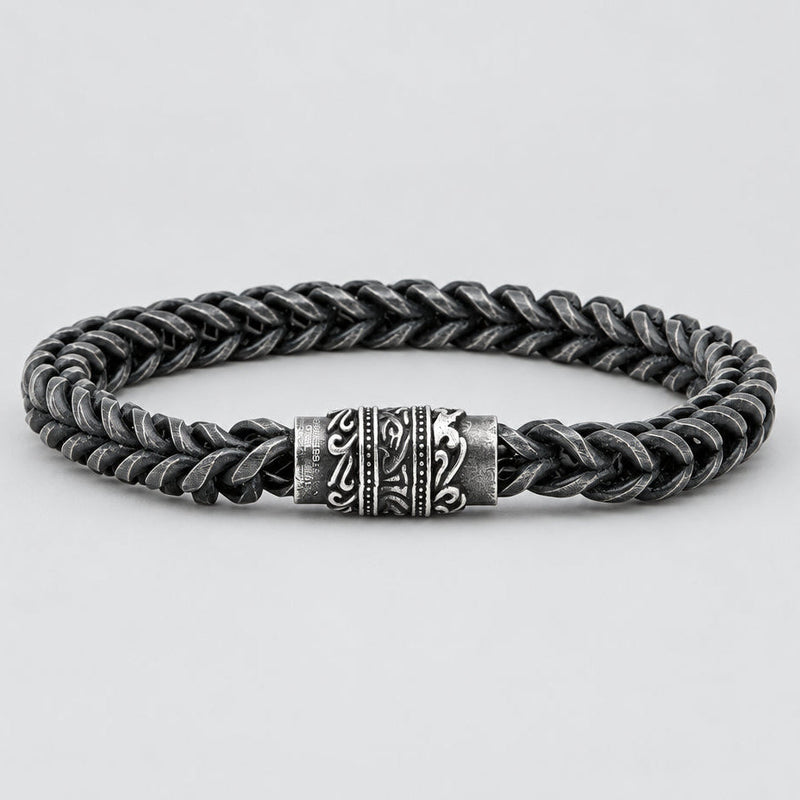 Men's Oxidized Steel Chain Bracelet. Wheat Link Engraved Magnetic Clasp Biker Jewelry-1