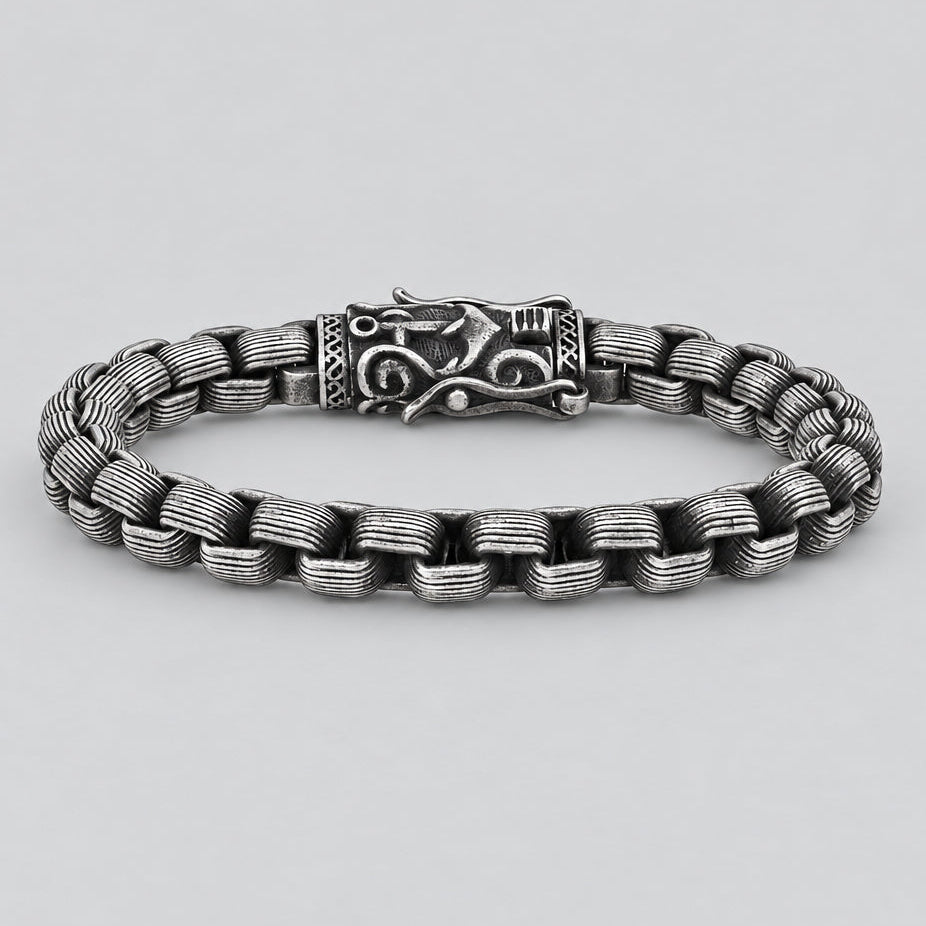 Men's Viking Steel Bracelet. Oxidized Silver Box Chain Norse Clasp Biker Jewelry-1