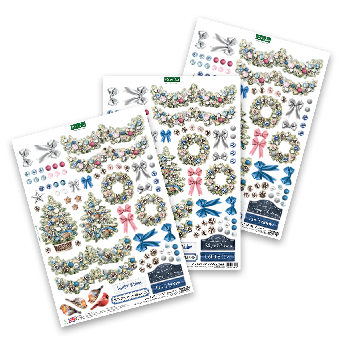 Katy Sue Découpage prédécoupé – Embellissements floraux de Noël, Hiver (lot de 3)-1