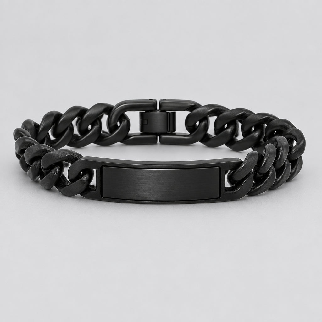 Men’s Black Stainless Steel Cuban Link ID Stealth Biker Bracelet-1