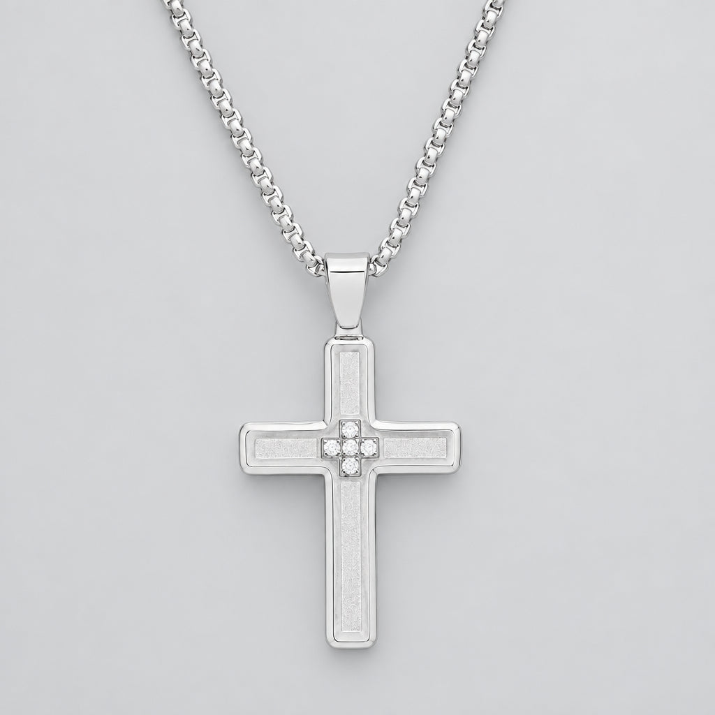 Men’s Stainless Steel Diamond Accent Cross Pendant Necklace-1