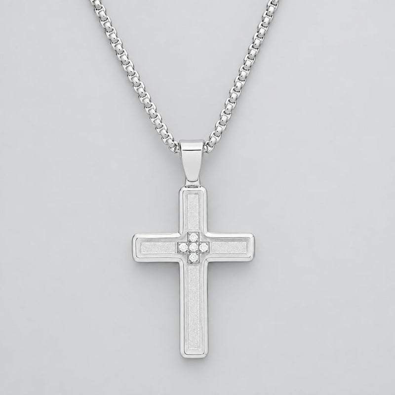 Men’s Stainless Steel Diamond Accent Cross Pendant Necklace-1