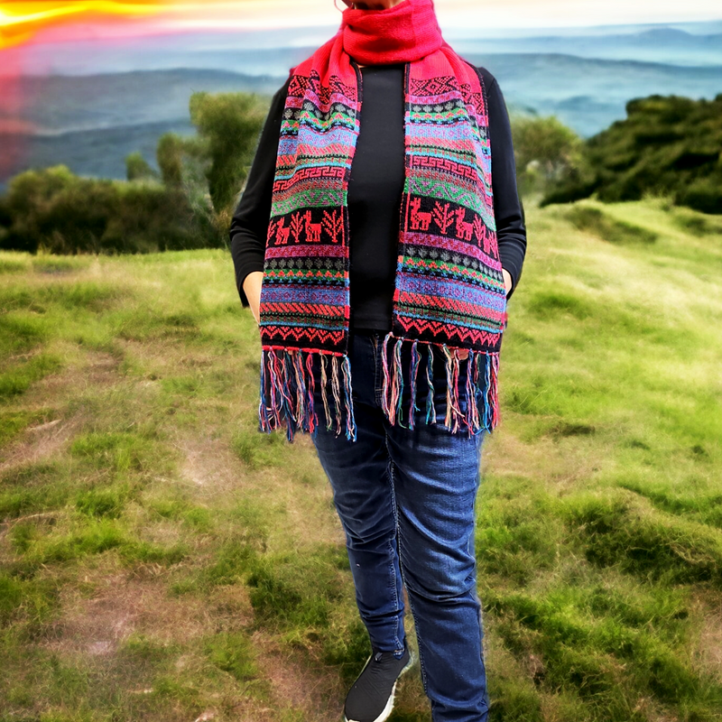 Red and Black Handmade Reversible Alpaca Scarf-3