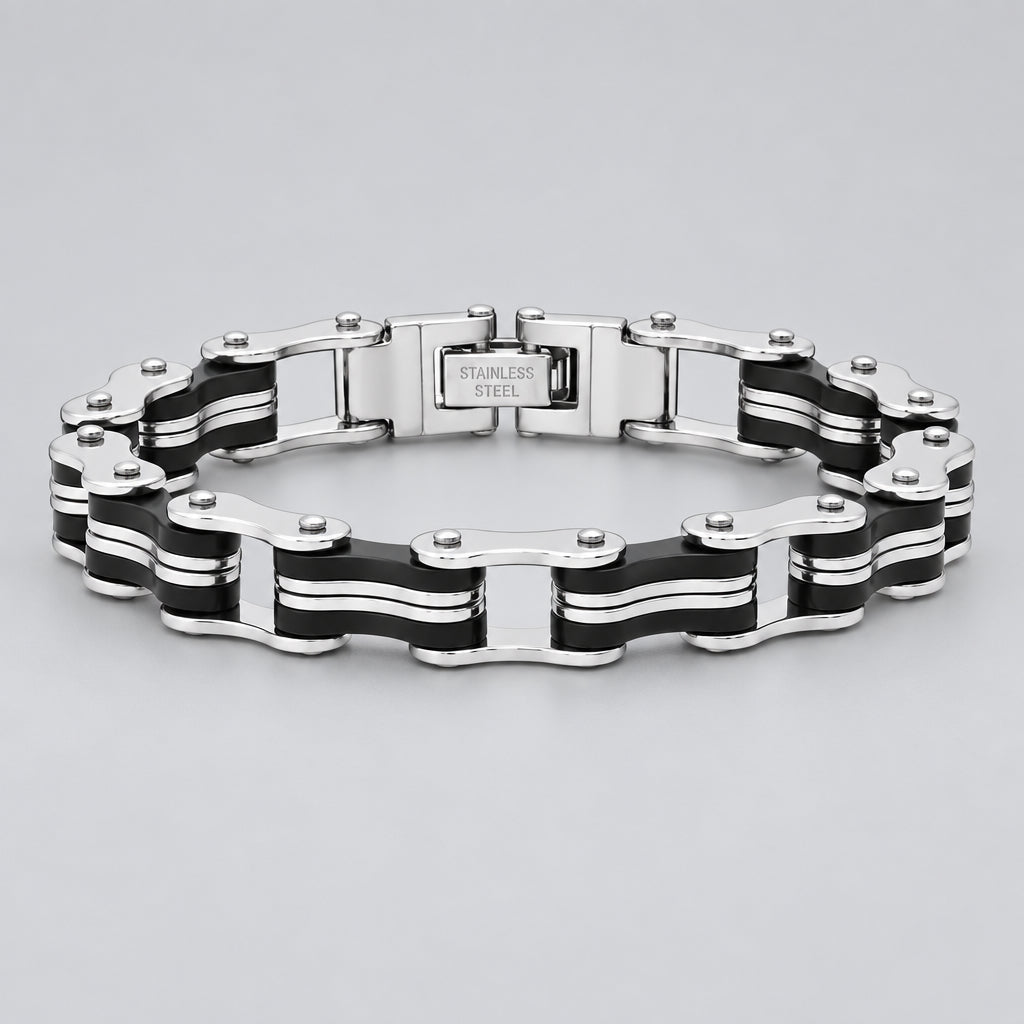 Men’s Stainless Steel Bicycle Chain Bracelet. Black & Silver Biker Style-1