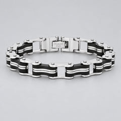 Men’s Stainless Steel Bicycle Chain Bracelet. Black & Silver Biker Style-1