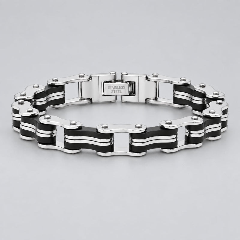 Men’s Stainless Steel Bicycle Chain Bracelet. Black & Silver Biker Style-1