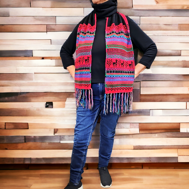 Red and Black Handmade Reversible Alpaca Scarf-2