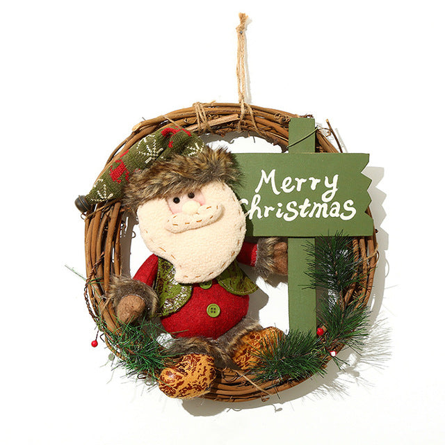 Christmas Wreath with Plush Doll - Rustic Rattan Holiday Door Hanging Decoration-4