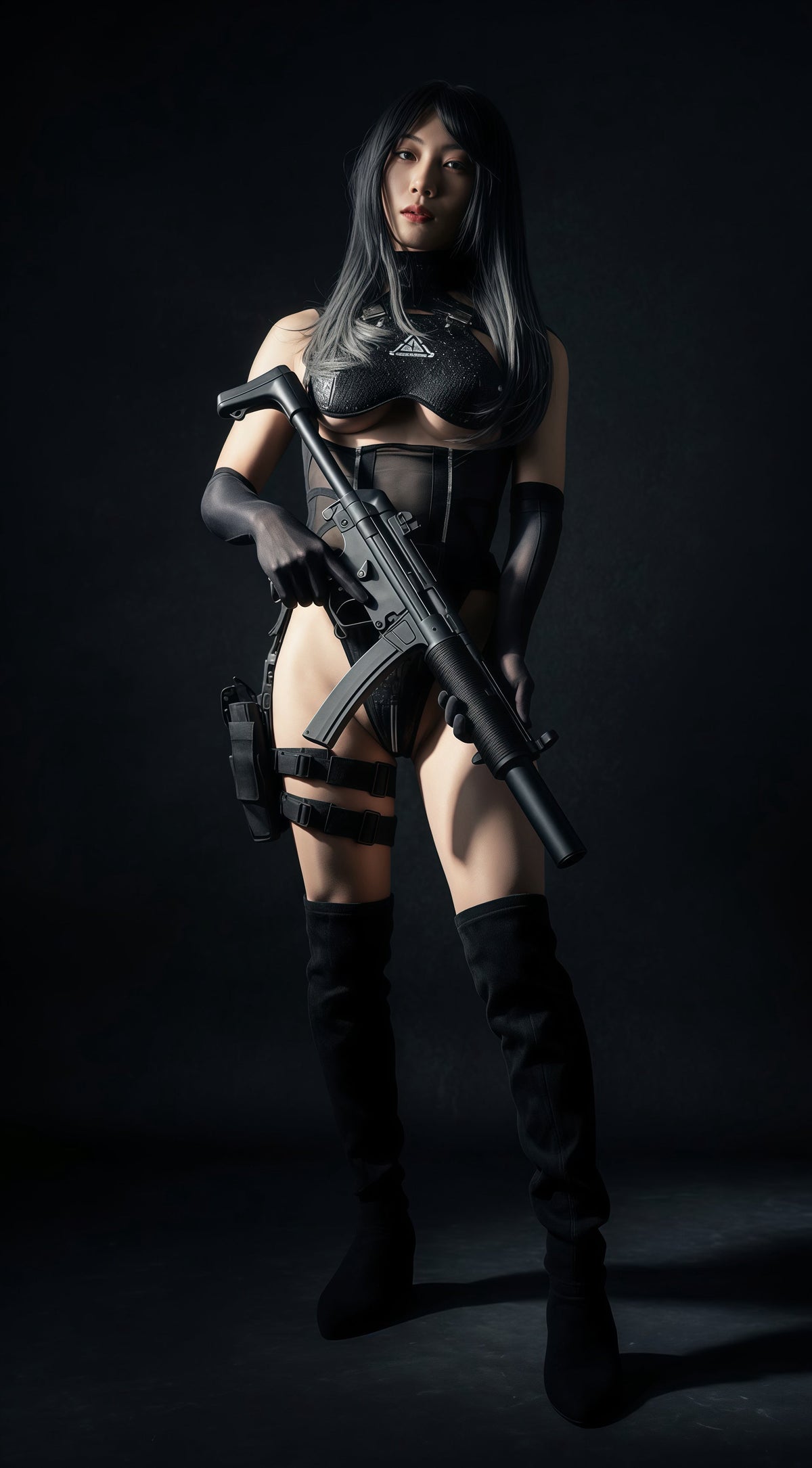 Tactical Anime Girl PU Leather Sheer Mesh Sexy Cosplay Bodysuit Costume-12