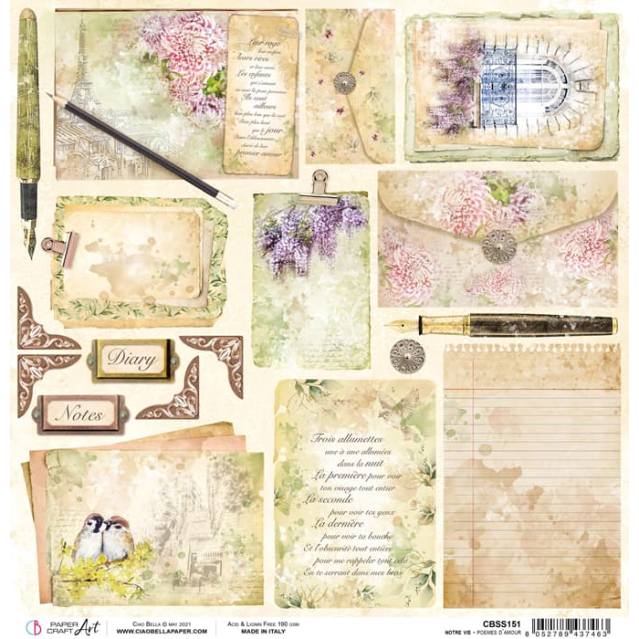 Ciao Bella Poemes D’Amour Paper Sheet 12"X12" 1 Sheet-2