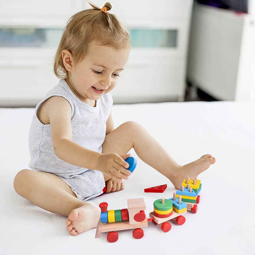 Fun Little Toys - Wooden Train Shape Sorter and Stacking Toy 25 Pcs - Ages 3+-4