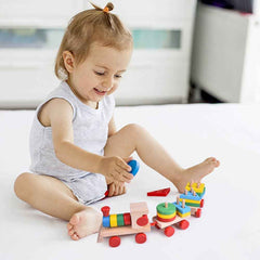 Fun Little Toys - Wooden Train Shape Sorter and Stacking Toy 25 Pcs - Ages 3+-4