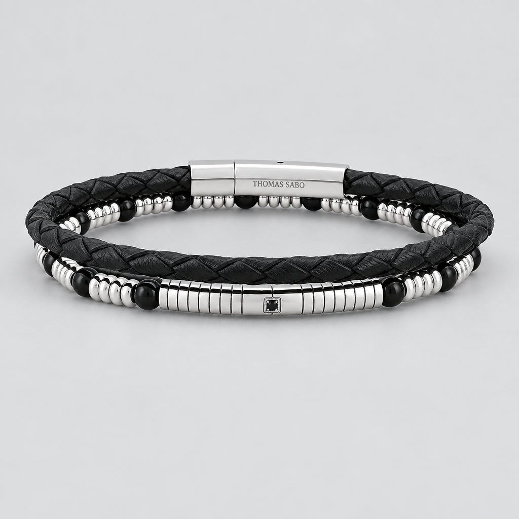 Men’s Dual-Strand Stainless Steel & Black Braided Leather Biker Bracelet-1