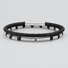 Men’s Dual-Strand Stainless Steel & Black Braided Leather Biker Bracelet-1