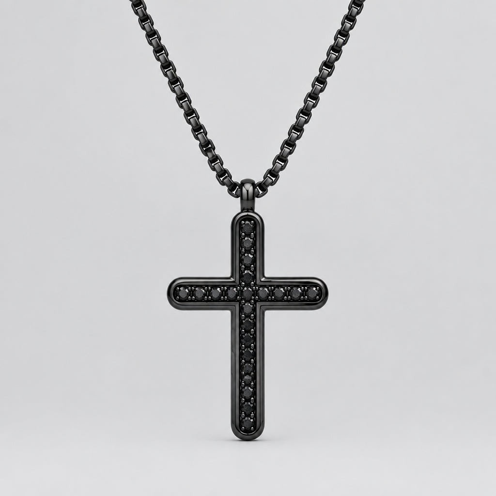 Men’s Black Stainless Steel Cross Pendant. Biker Necklace with Black CZ Accents-1