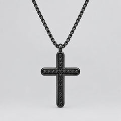 Men’s Black Stainless Steel Cross Pendant. Biker Necklace with Black CZ Accents-1