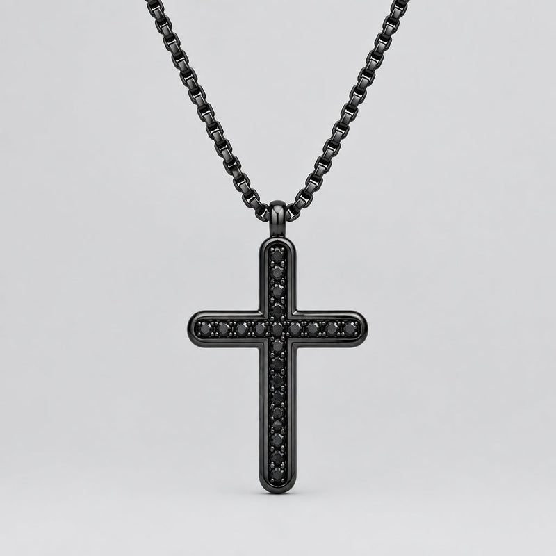 Men’s Black Stainless Steel Cross Pendant. Biker Necklace with Black CZ Accents-1
