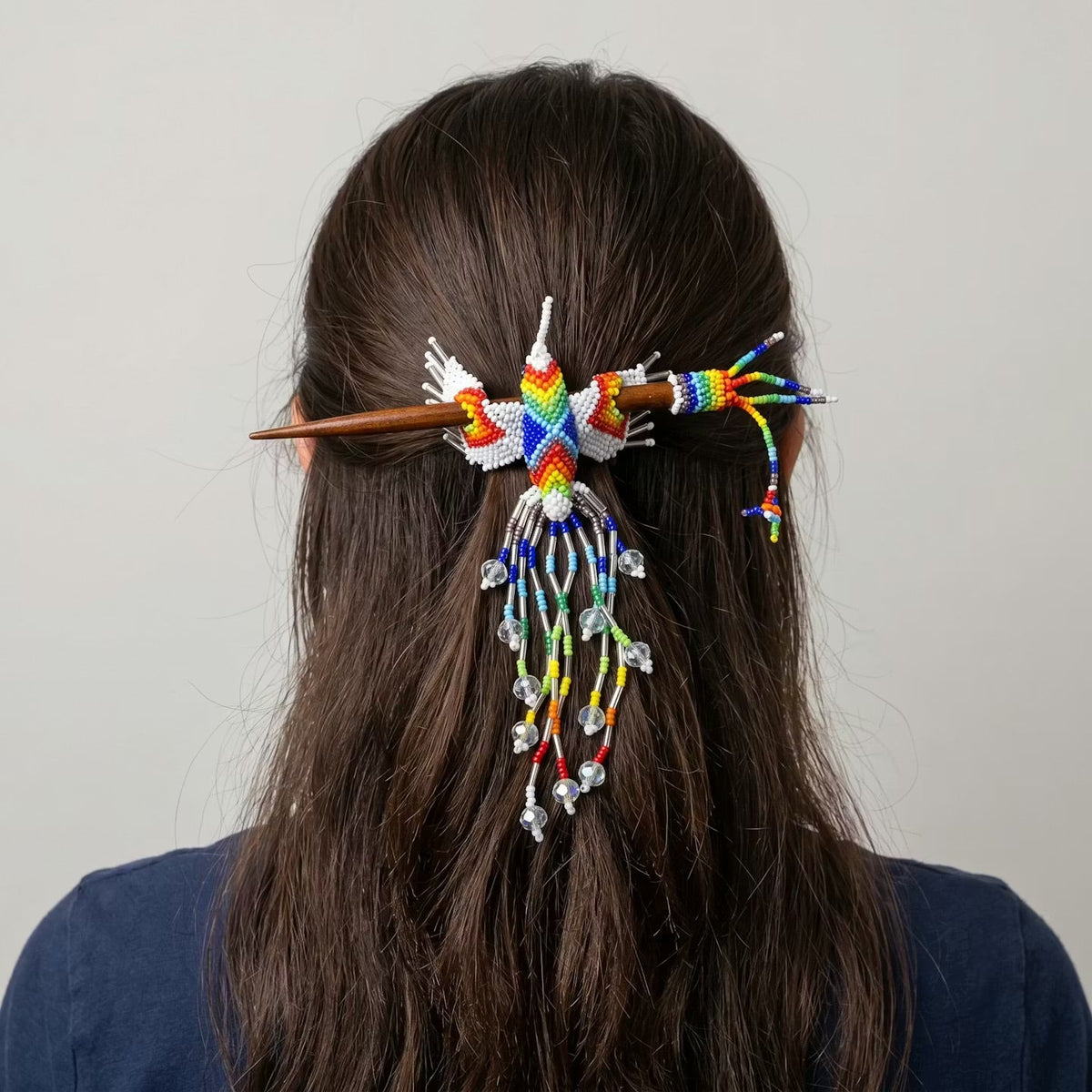 White Hummingbird Beaded Hair Stick-4