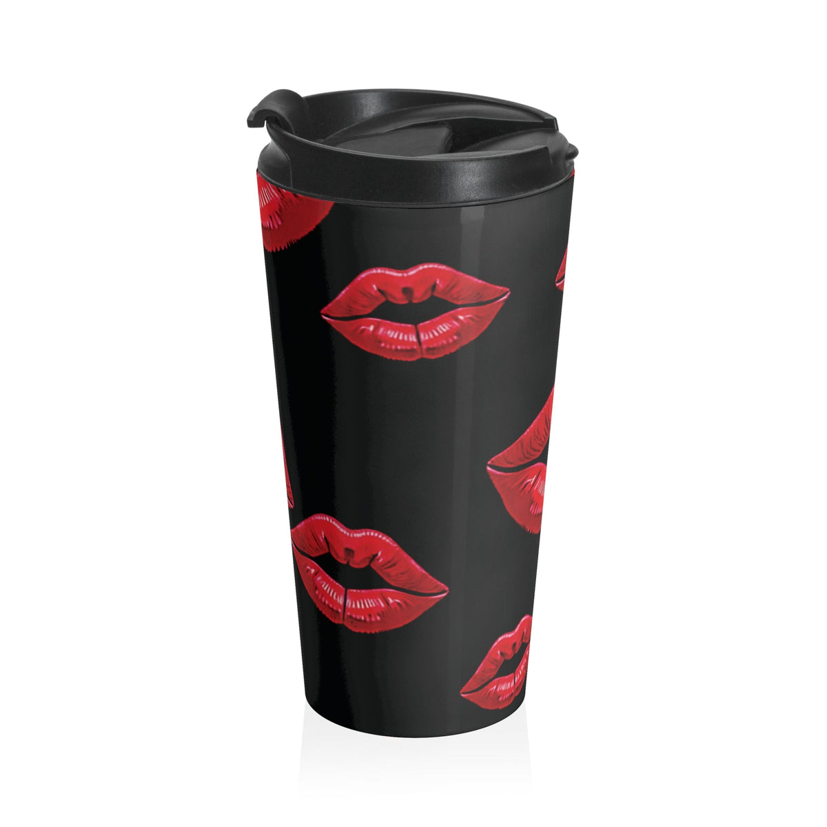 Red Lipstick Kiss Pattern Travel Mug | Black Stainless Steel-7