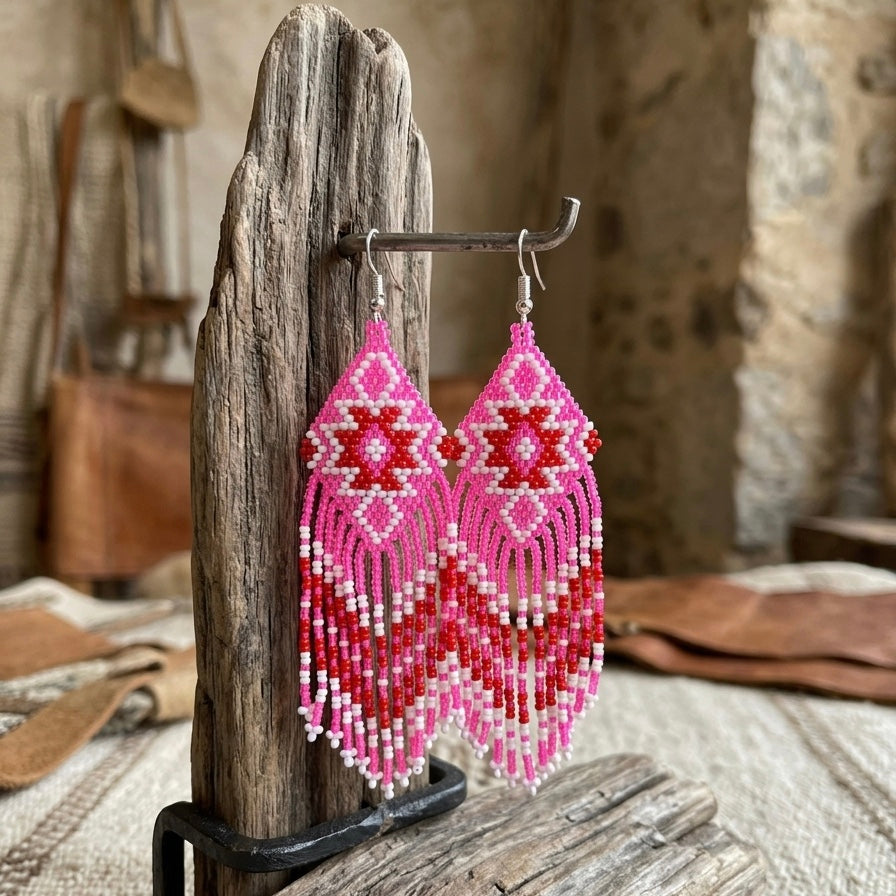 Fringe Bead Drop Earrings (Pink)-2