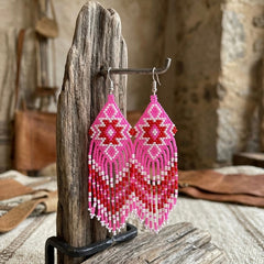 Fringe Bead Drop Earrings (Pink)-2