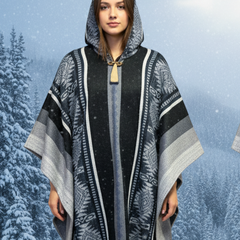 Light grey/w black Soft Handmade Wool Ponchos-1
