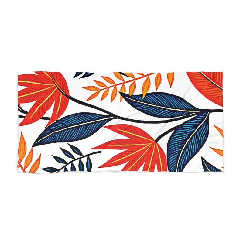 Tropical Leaves Beach Towel – Bold Red & Blue Floral Print-2