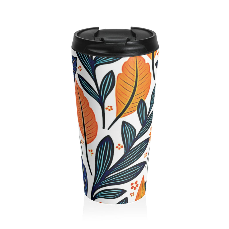 Autumn Foliage Floral Travel Mug | Orange Blue Leaf Pattern-1
