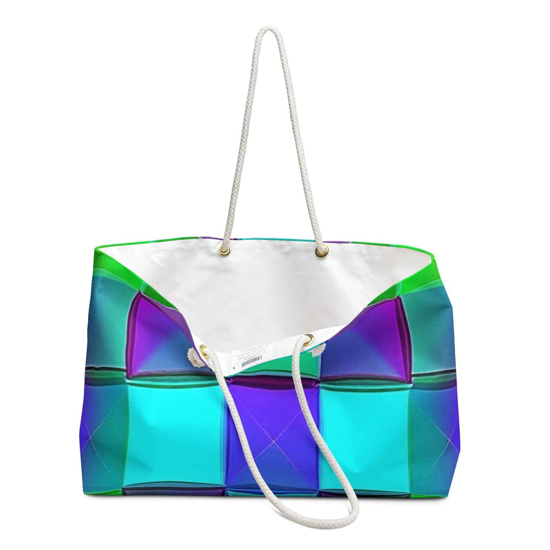 Teal Purple Geometric Pattern Weekender Bag | Colorful Cube Design, Large Tote Bag-5