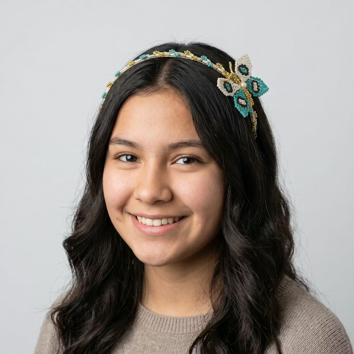 Beaded Headband with Butterfly Turquoise-2