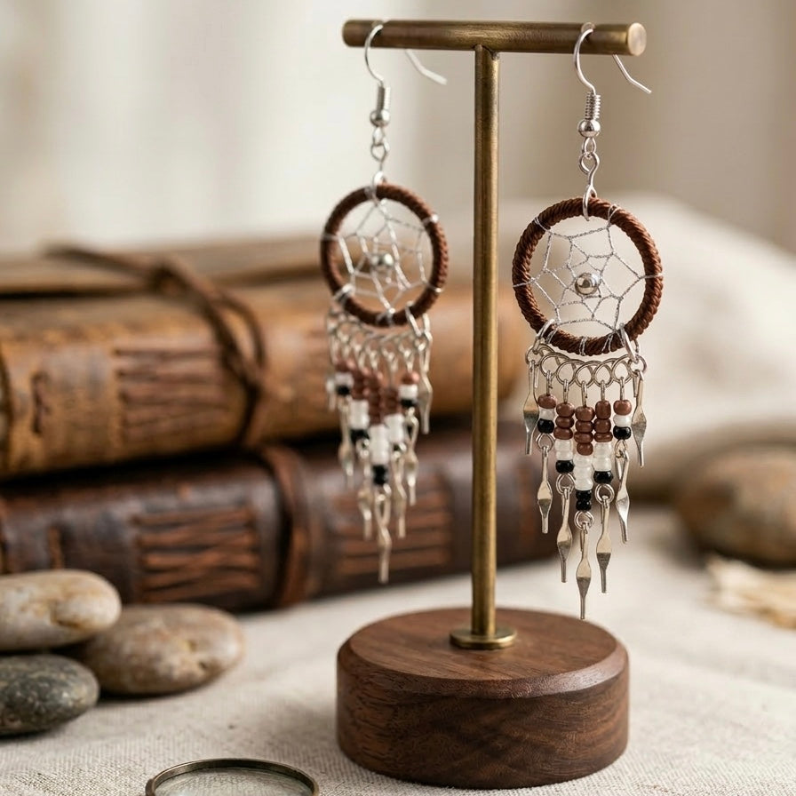 Green and Black Beaded Dreamcatcher earrings-1
