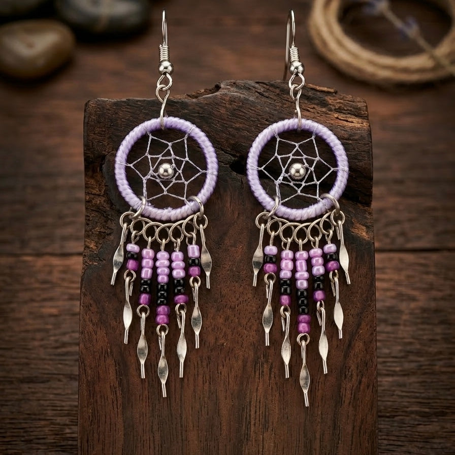 Light Purple Beaded Dreamcatcher earrings-2