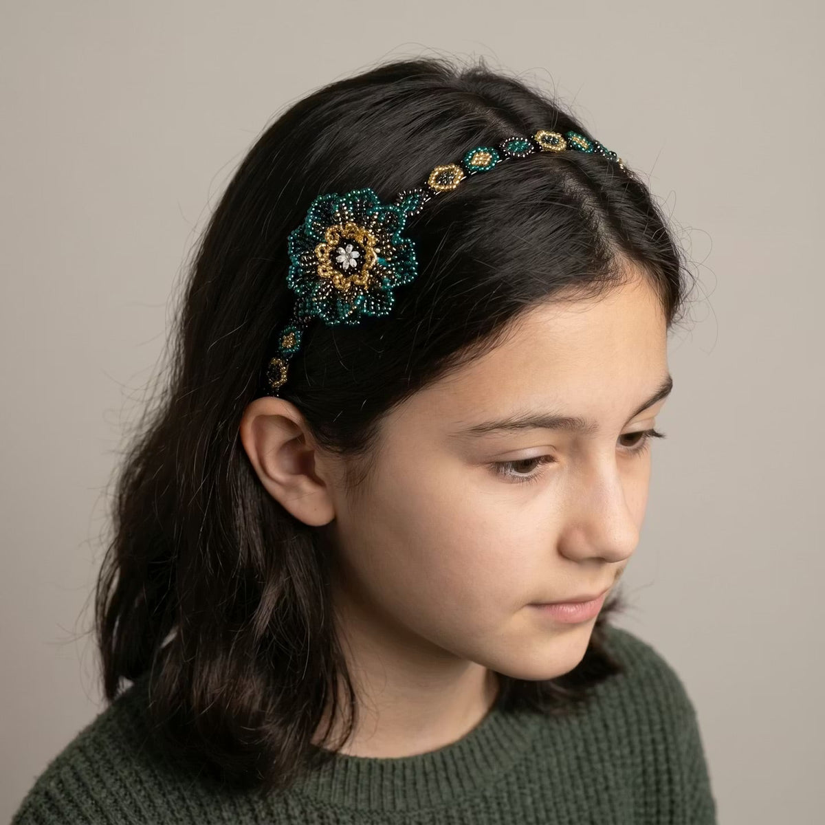 Beaded Headband with Flower Turquoise-4