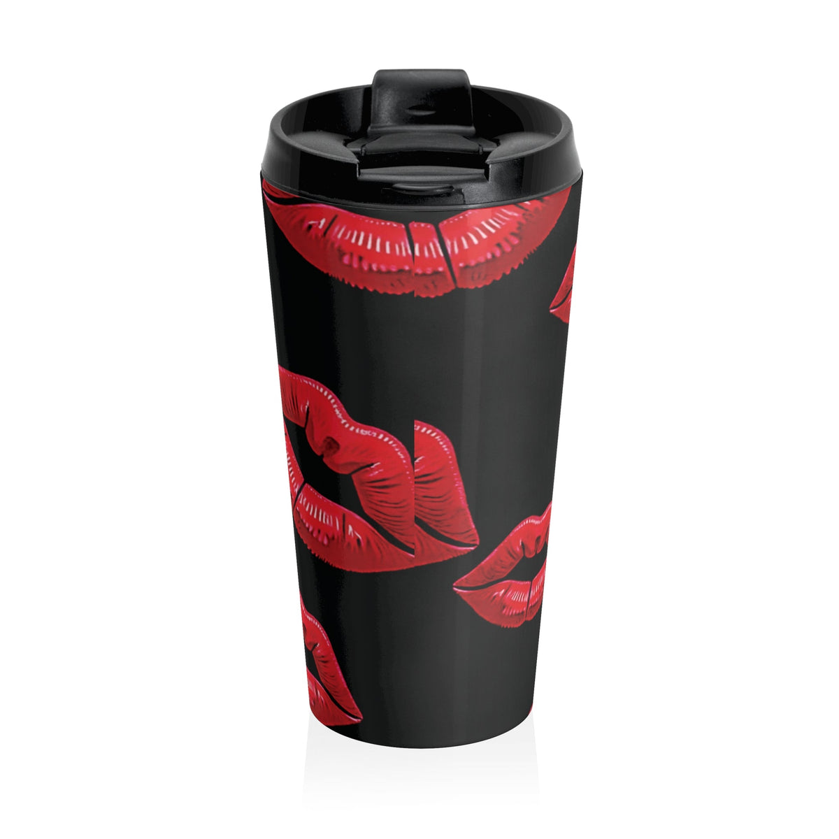 Red Lipstick Kiss Pattern Travel Mug | Black Stainless Steel-6