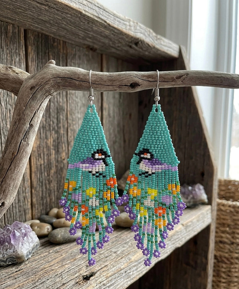 Bird Fringe Earrings (Turquoise)-3