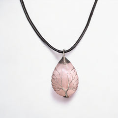 Light pink Gemstone Pendant Wrapped w/ Silver Tree of Life-2