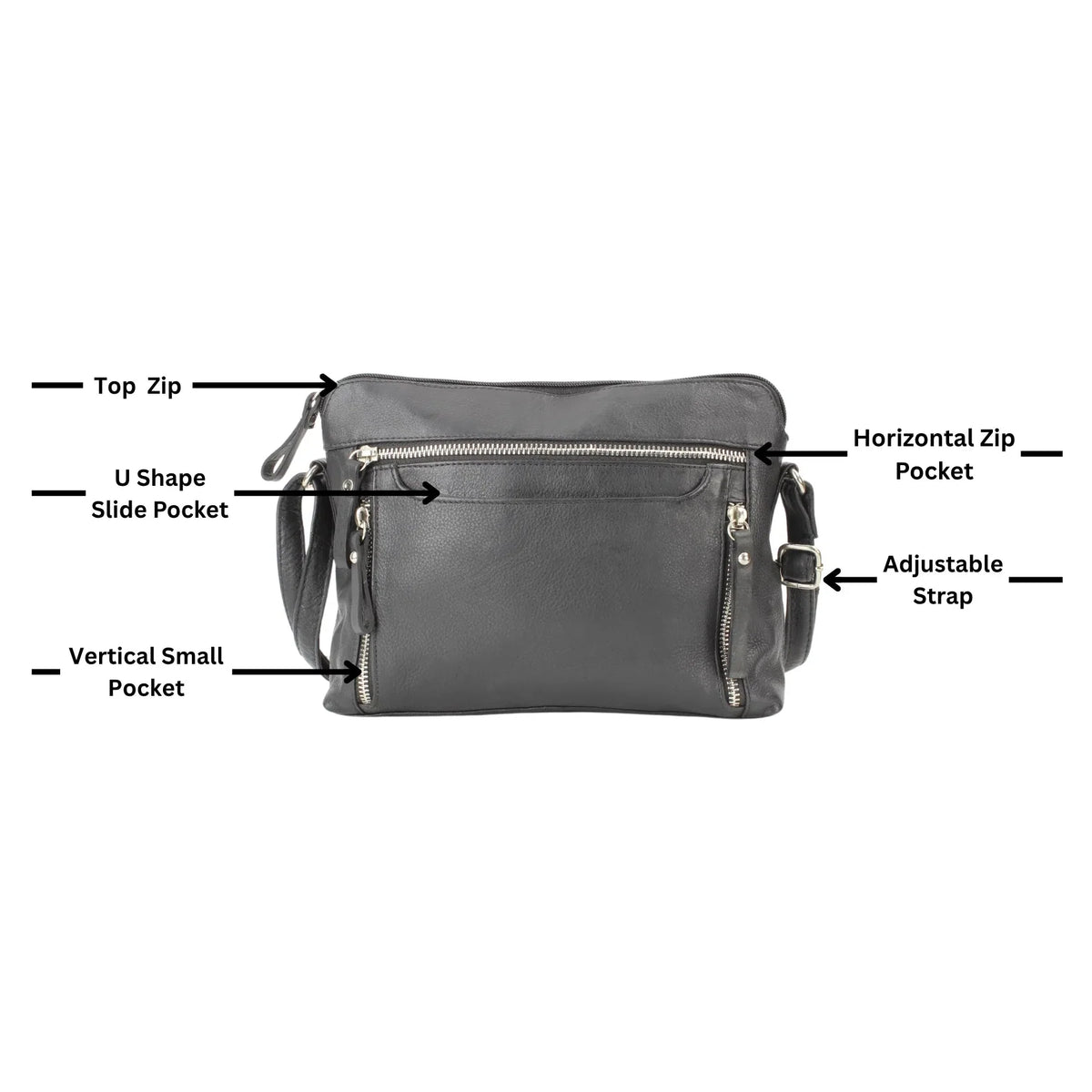 Leather Crossbody Slim Bag with Zippered Pockets & Adjustable Strap-3