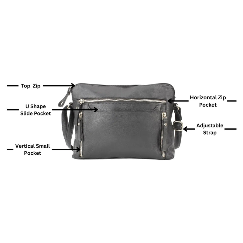 Leather Crossbody Slim Bag with Zippered Pockets & Adjustable Strap-3