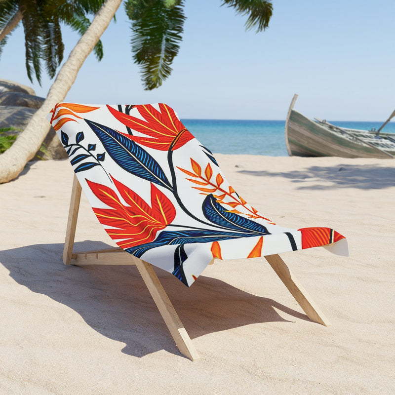 Tropical Leaves Beach Towel – Bold Red & Blue Floral Print-1