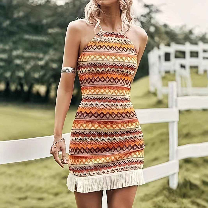 Women’s Halter Spaghetti Strap Dress with Tassels – Slim-Fit Sleeveless Summer Dress-1