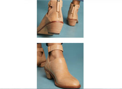 Women’s Leather Ankle Boots – Cut-Out Buckle Strap Booties with Back Zipper-10