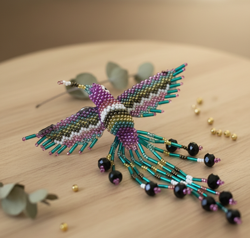 Purple and light green Hummingbird Barrette with Fringes-2