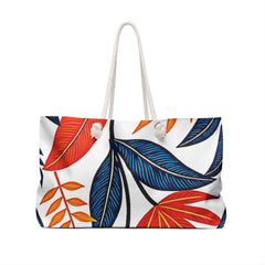 Bold Red Blue Tropical Leaves Weekender Bag | Leaf Print Bag-4
