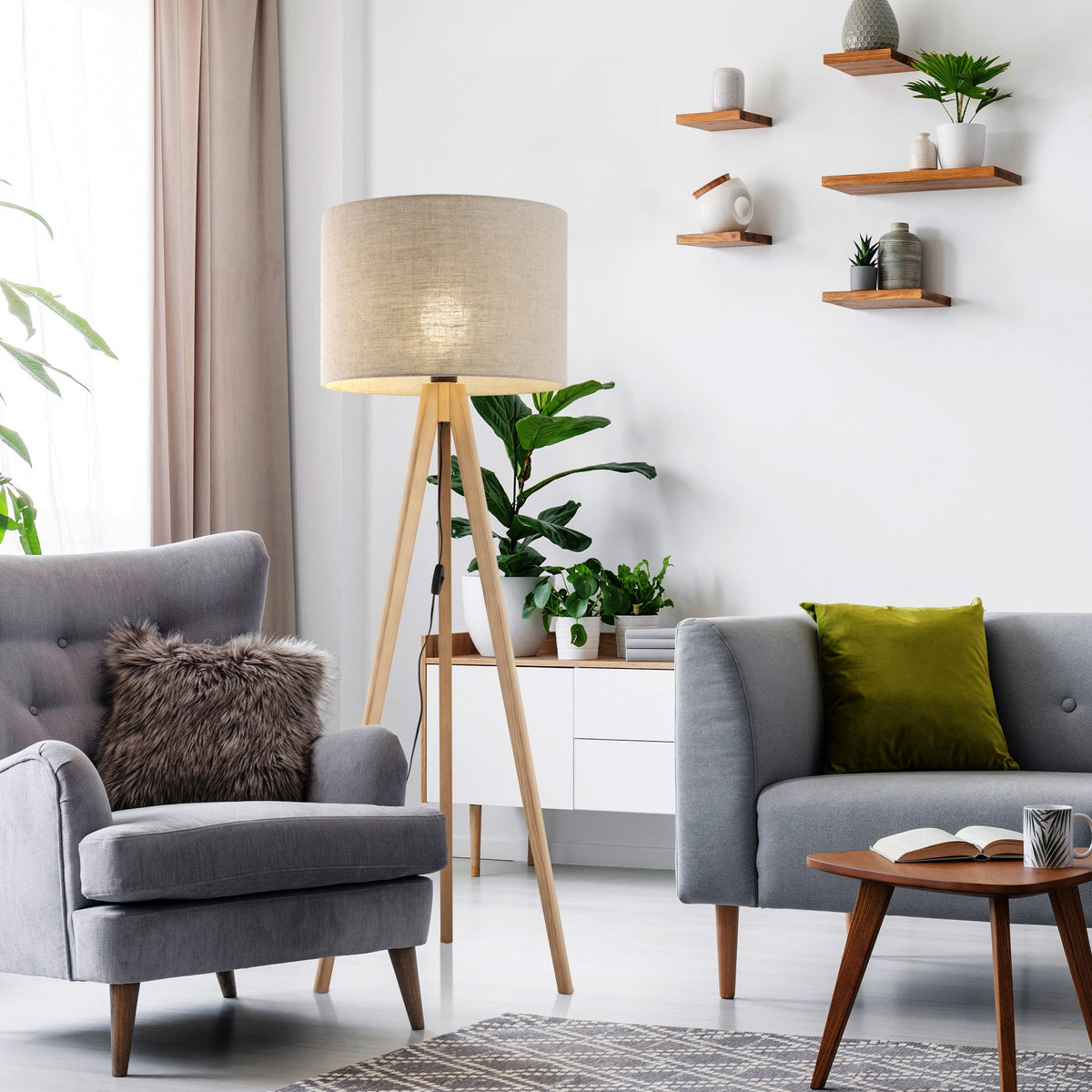 GRAND Pine & Linen Mid-Century Modern Floor Lamp for Living Room, Bedroom & Reading Nook-2