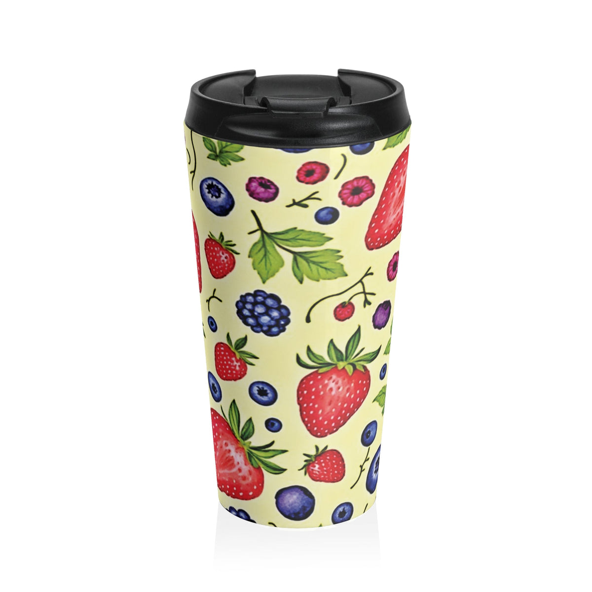 Strawberry & Berry Pattern Stainless Steel Travel Mug — Insulated Fruit Print Tumbler