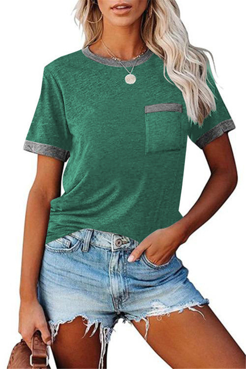 Pocket Round Neck Stitching Pocket Top-6